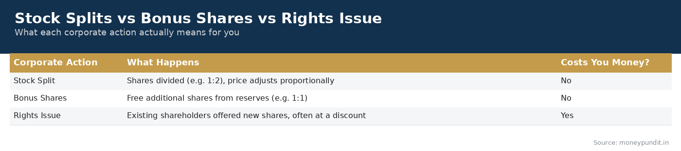 Stock Splits vs Bonus vs Rights Issue