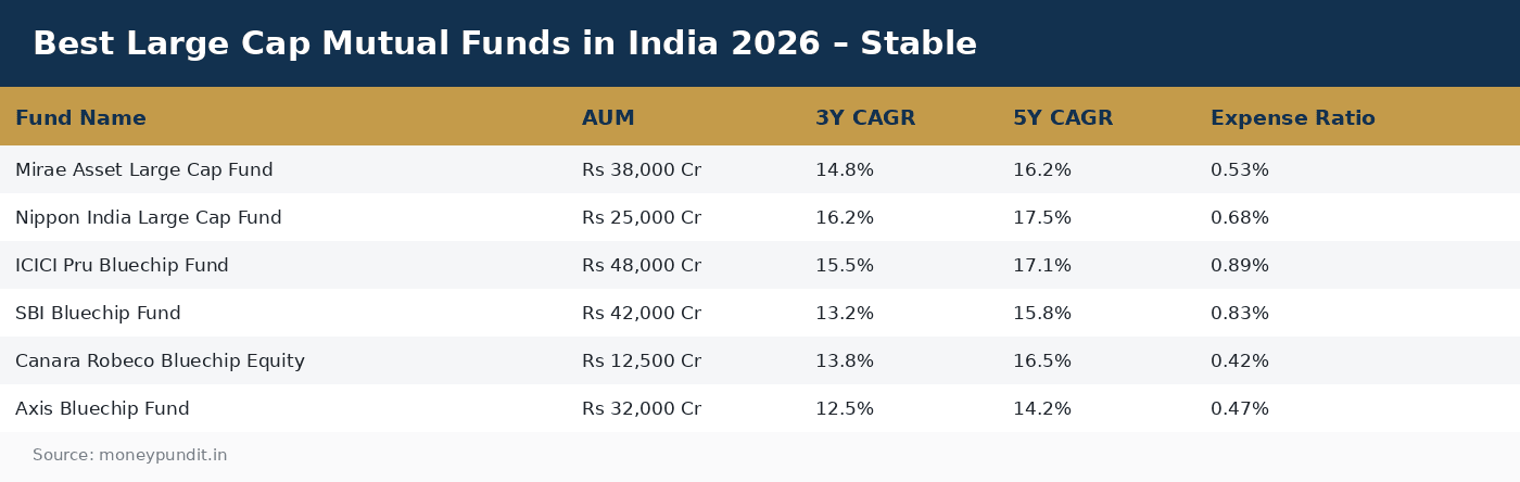 Best Large Cap Mutual Funds in India 2026 – Stable
