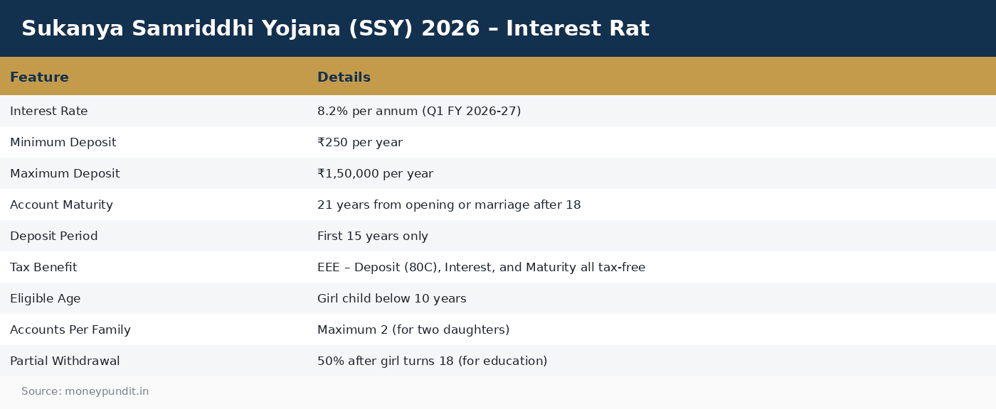 Sukanya Samriddhi Yojana (SSY) 2026 – Interest Rat