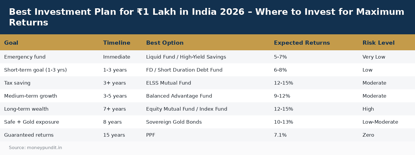Best Investment Plan for ₹1 Lakh in India 2026 – Where to Invest for Maximum Returns