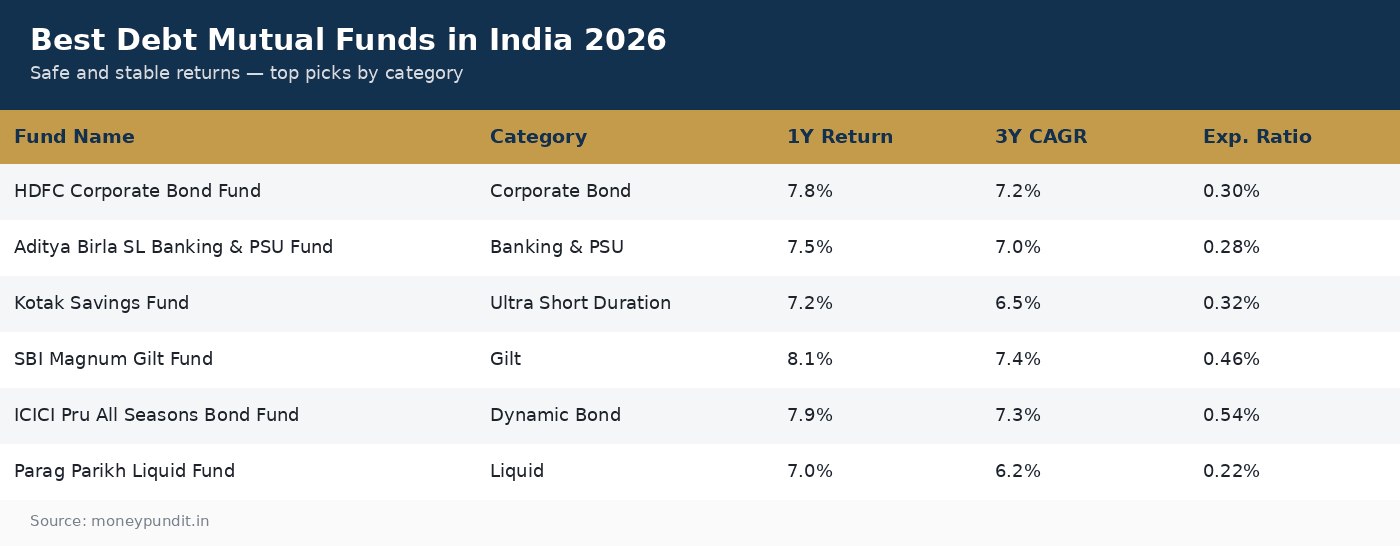 Best debt mutual funds in India 2026 by category and returns