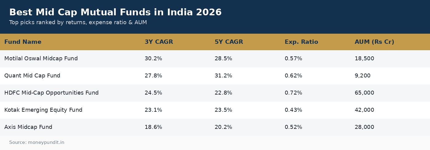 Best mid cap mutual funds in India 2026 ranked by 3-year and 5-year CAGR