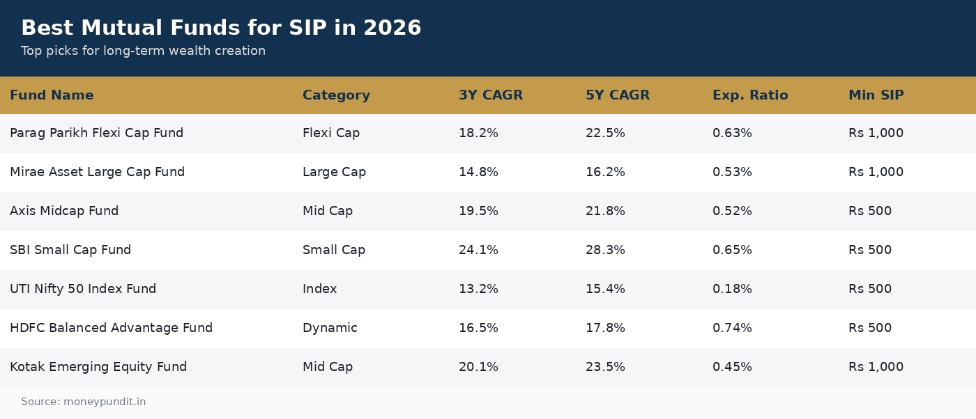 Best mutual funds for SIP in 2026 top picks by category and returns