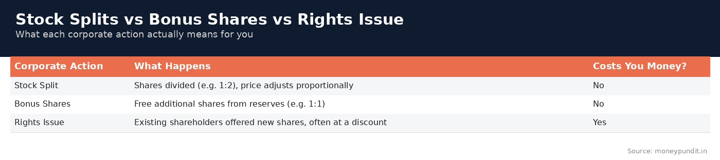 Stock splits bonus shares: Stock Splits vs Bonus vs Rights Issue