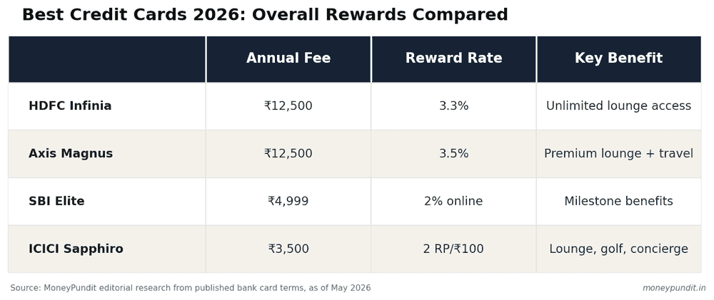 Comparison table of best credit cards for overall rewards 2026: HDFC Infinia, Axis Magnus, SBI Elite, and ICICI Sapphiro showing annual fee, reward rate, and key benefits