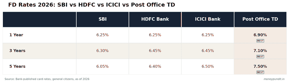 Table comparing FD interest rates across SBI, HDFC Bank, ICICI Bank, and Post Office Time Deposit for 1, 3, and 5 year tenures