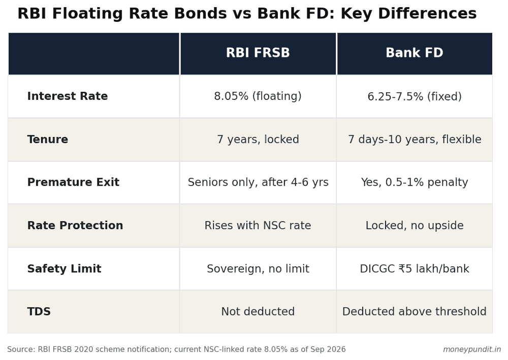 Comparison table of RBI Floating Rate Savings Bonds vs Bank FD showing interest rate, tenure, premature exit rules, rate protection, safety limit, and TDS