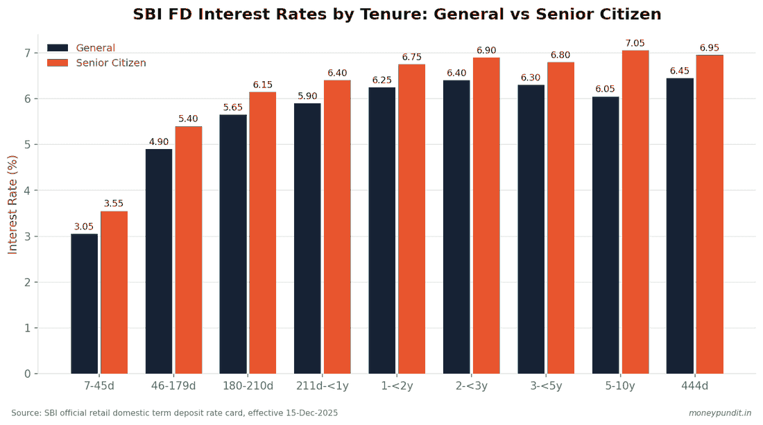 Grouped bar chart comparing SBI FD interest rates for general public and senior citizens across all tenure bands from 7 days to 10 years