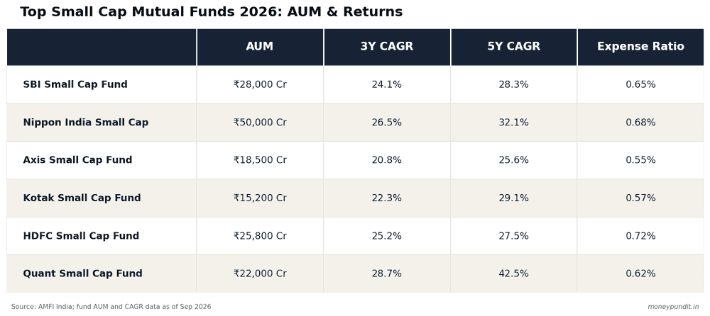 Comparison table of top small cap mutual funds 2026 showing AUM, 3-year CAGR, 5-year CAGR, and expense ratio for SBI, Nippon India, Axis, Kotak, HDFC, and Quant small cap funds